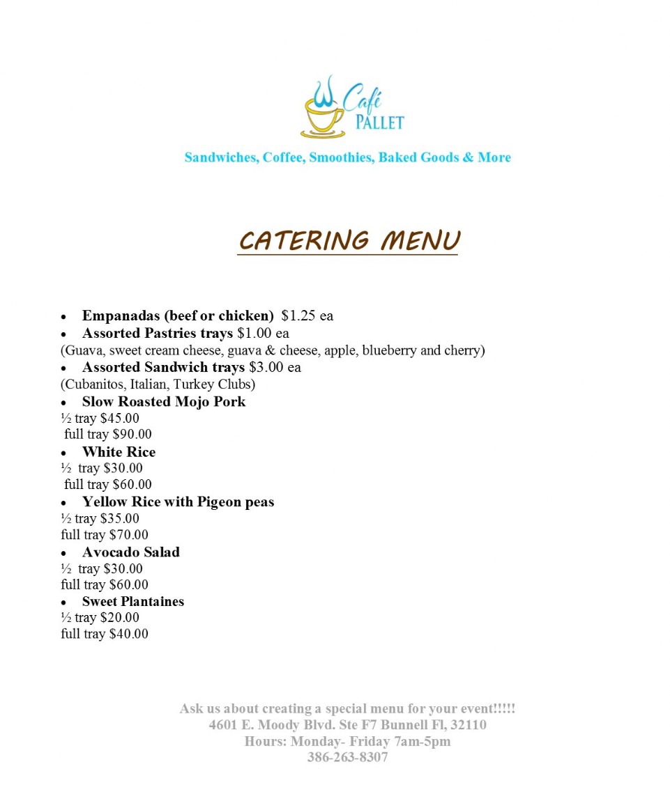 W Cafe Pallet Catering Menu